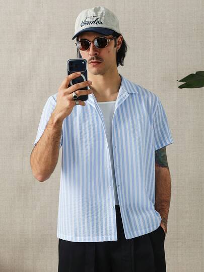 HUEFORM 男士条纹短袖纽扣休闲衬衫，纹理面料，夏季款