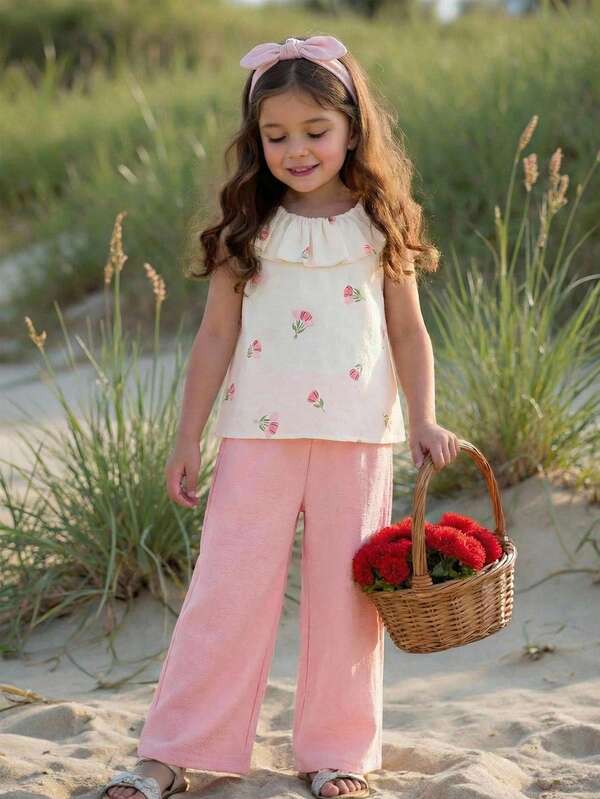 SHEIN Young Girl Floral Print Ruffle Hem Top And Wide Leg Pants Cute 2-Piece Set