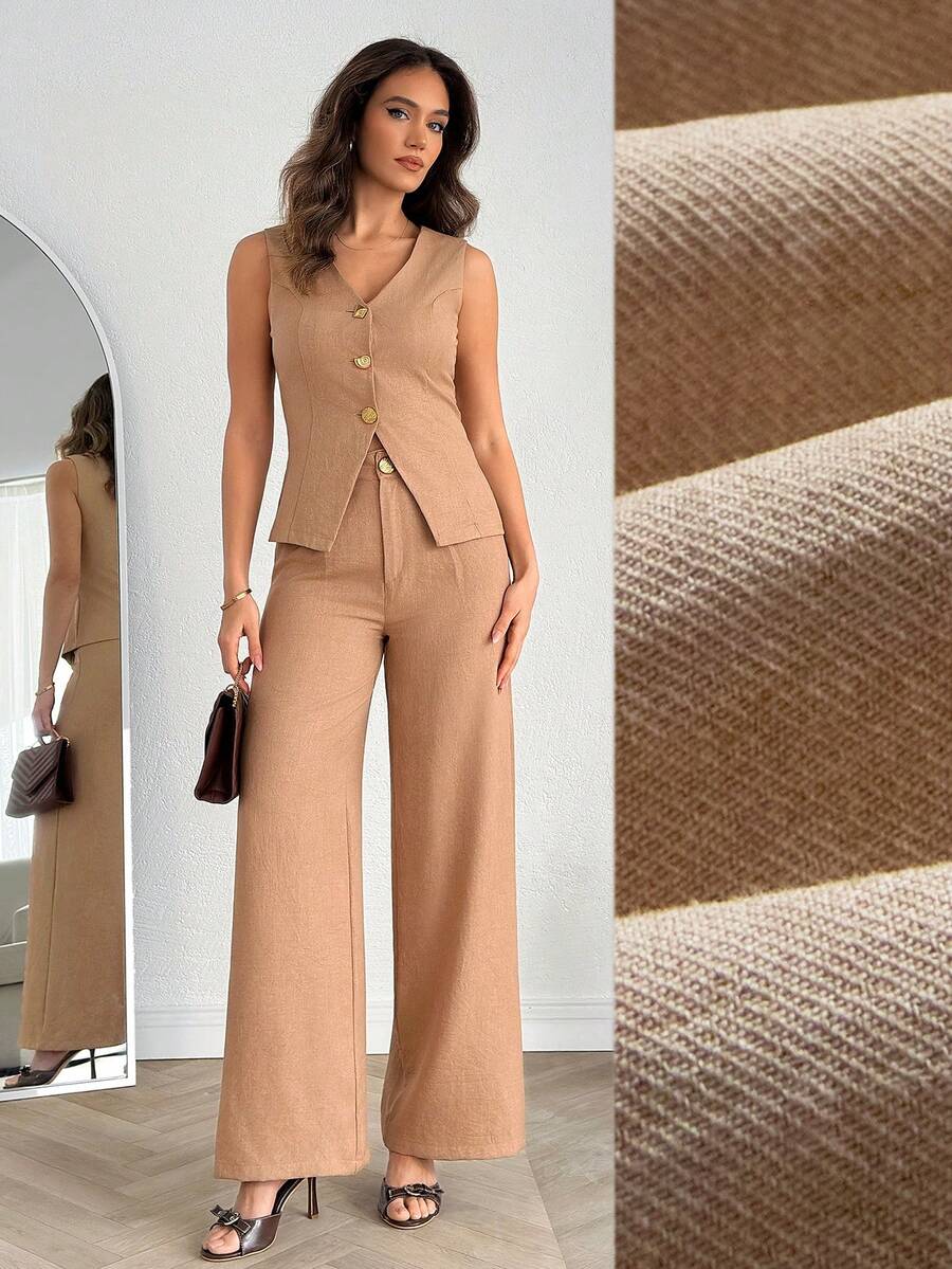 EURMUSE Bộ đồ hai mảnh thanh lịch dành cho nữ, màu be, gồm áo vest không tay cài cúc, áo cổ chữ V ôm dáng và quần ống rộng, chất liệu vải có họa tiết. - Lạc đà - Xem 1