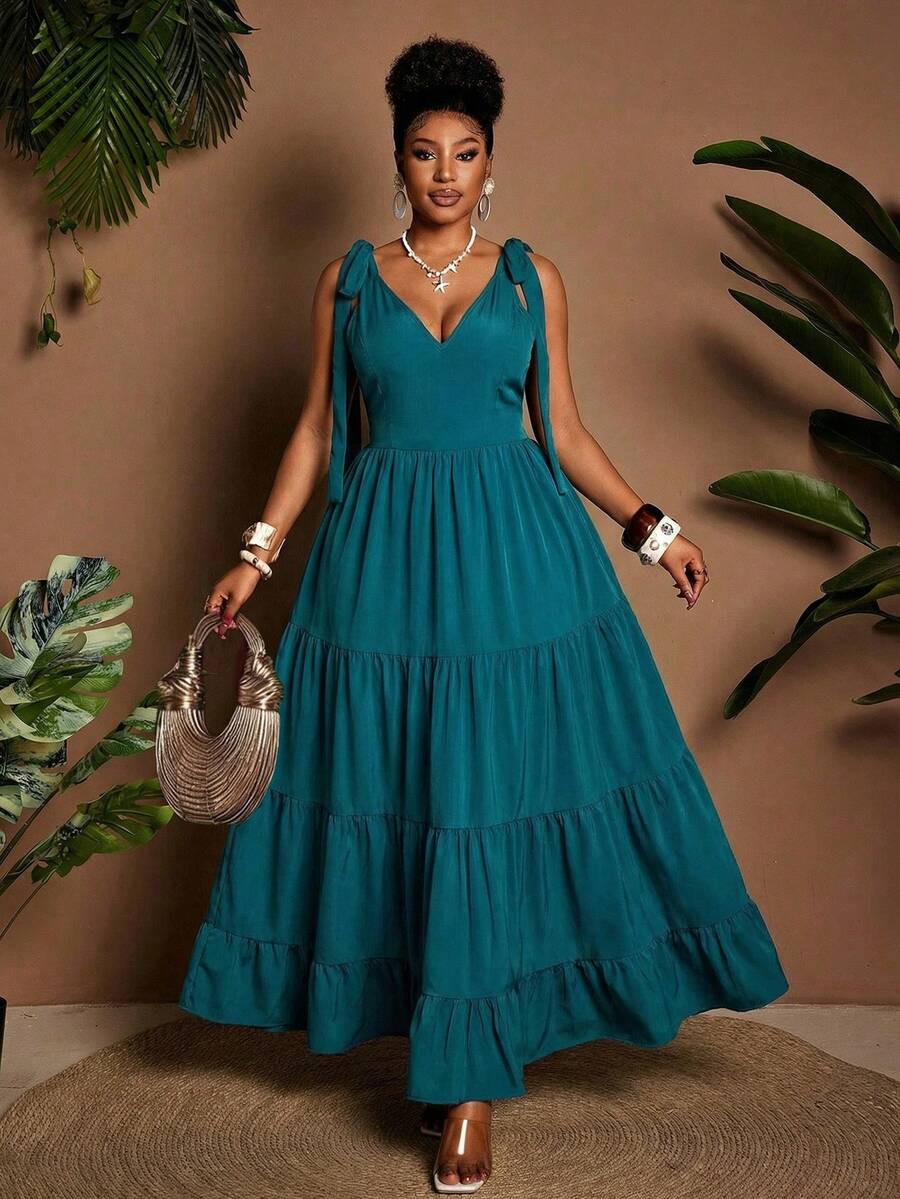 Maweii 大码女式夏季休闲连衣裙，优雅绿色沙滩度假连衣裙 - 綠色 - 查看 1