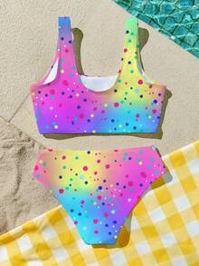 Ombre Gradient Print, Beach Vacation Vibe, Tween Girls Casual Minimalist Camisole & Triangle Bikini Swimwear Set, Suitable For Summer Chill Vacation, #Coconutgirl - Multicolor - View 4