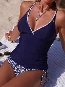 Swim Lushoire Women's 2-Piece Summer Casual Vacation Deep V-Neck Top And High Waist Random Ditsy Floral Shorts Camisole Bikini Swimwear Set - Navy Blue - View 1