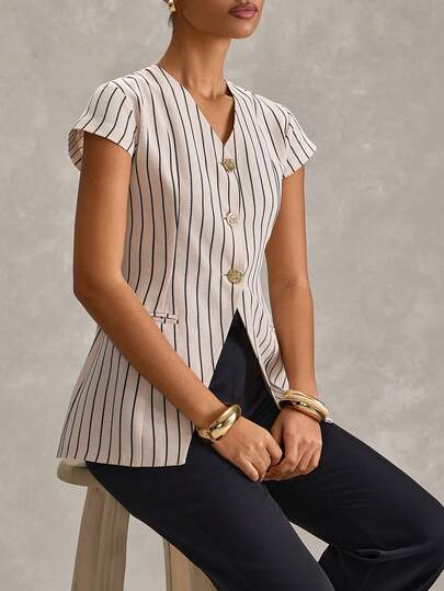 SHEIN Women, Spring, Summer, V Neck, Regular Fit, Multicolor, Short Sleeve, Blazer, Vest Fake Linen