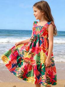 SHEIN Young Girl Woven Square Neck Ruffle Hem Casual Dress - Multicolor - View 4