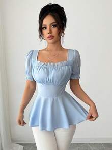 Elenzga Áo cánh tay bồng nhún eo thanh lịch mùa hè xanh cổ vuông cao cấp sang trọng cao cấp của Pháp 2025 - Màu xanh nhạt - Xem 3