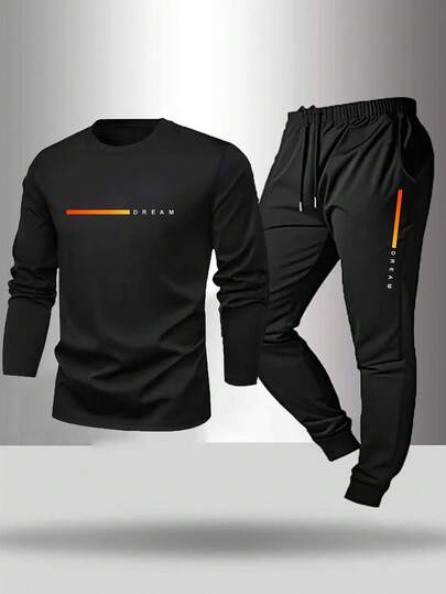 Manfinity Sport Corelite Men's Letter Print Crew Neck Long Sleeve Top And Drawstring Waist Long Pants Casual Sports Suit