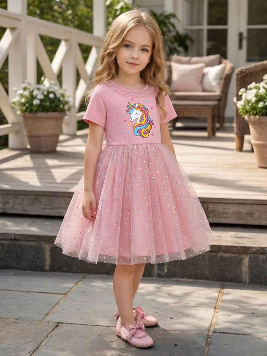 Emery Rose Kids Emery Rose Kids Young Girl Rainbow Unicorn Pattern Ruffle Trim Mesh Knit Dress Girls Glitter Pink Short Sleeve Kids For Toddler Party Dresses Casual Princess Sequin - Pink - View 1