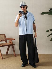 HUEFORM Men's Striped Short Sleeve Button-Front Casual Shirt, Textured Fabric, Summer - Blue - View 3