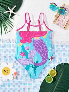 SHEIN Cute Cartoon Mermaid Princess Print, Young Girls Casual Minimalist One-Piece Swimsuit, Suitable For Summer - Multicolor - View 4