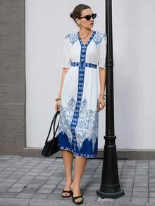 Opuloom 新款印花深V领泡泡袖收腰中长连衣裙，优雅浪漫休闲，适合日常穿着、度假、约会、派对、通勤，春夏皆宜。 - 彩色 - 查看 3