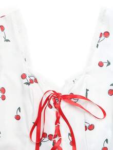 Elenzga Cherry Print Criss-Cross Tie Waist Petal Sleeve Casual Vacation Dress - White - View 4