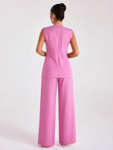 EURMUSE Bộ đồ công sở thường ngày dành cho nữ, gồm áo vest một hàng cúc và quần ống rộng, màu trơn. - Màu Hồng baby - Xem 4