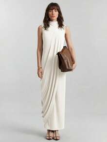 Ontre 女士不对称O型褶皱仿羊毛混纺面料高弹舒适亲肤高领直筒连衣裙，裹身褶皱装饰，现代都市休闲商务通勤高品质机场装扮，高端O型设计系列长裙 - 杏色 - 查看 1