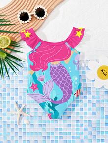 SHEIN Cute Cartoon Mermaid Print, Baby Girls Casual Minimalist Fitted One-Piece Swimsuit, Suitable For Summer - Multicolor - View 2