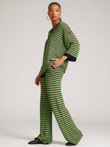NYA SZN Matching Set (Top & Pant) Top Short Sleeve V Neck Plunge Pant Slim Mini Flare Green Yellow Black Valentine's Day Club Warm Weather NYE New Years Eve Spring Summer Vacation Travel Airport Outfits For Women - Multicolor - View 7