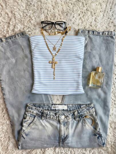 Glimmora Y2K条纹套装，可作内搭或外穿。蓝白条纹百搭时尚女式上衣