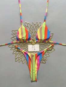 Swim Vcay 女士新款多色条纹吊带露背泳衣上装和高衩比基尼泳裤性感泳装套装 - 彩色 - 查看 2