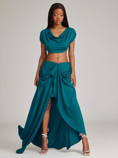 NYA SZN Matching Sets Top And Skirt Short Sleeve Cowl Neck Draped Maxi Length Bottom Sexy Going Out Office Siren Brunch Special Occasion Spring Summer Holiday Vacation Party Casual Luxury Blue Outfits For Women