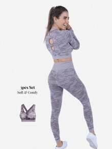 Conjunto Deportivo Mujer 3 Piezas Camuflaje Set Deportivo Completo con Sujetador Deportivo Top Deportivo Playera Deportiva y Leggings Ajustados Ropa Deportiva Mujer para Gimnasio Fitness Yoga Entrenamiento Uso Diario Primavera Verano Otoño - Morado - Ver 6