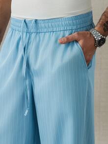 HUEFORM 男士抽绳腰带条纹休闲宽松阔腿裤，日常百搭 - 藍色 - 查看 7