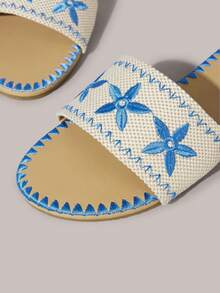 Styleloop Giày sandal đế xuồng dây thừng đan cho nữ, kiểu dáng nghỉ dưỡng BOHO Chic Retro American Western, thích hợp cho các lễ hội âm nhạc và tiệc tùng. - Hoa xanh - Xem 10