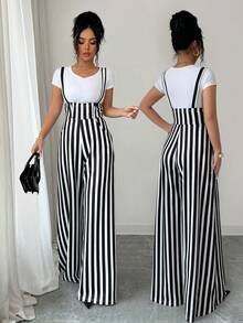 Elenzga Women's Casual Commuter Striped Wide Leg Jumpsuit - Black - View 1