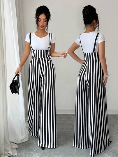 Elenzga Women's Casual Commuter Striped Wide Leg Jumpsuit