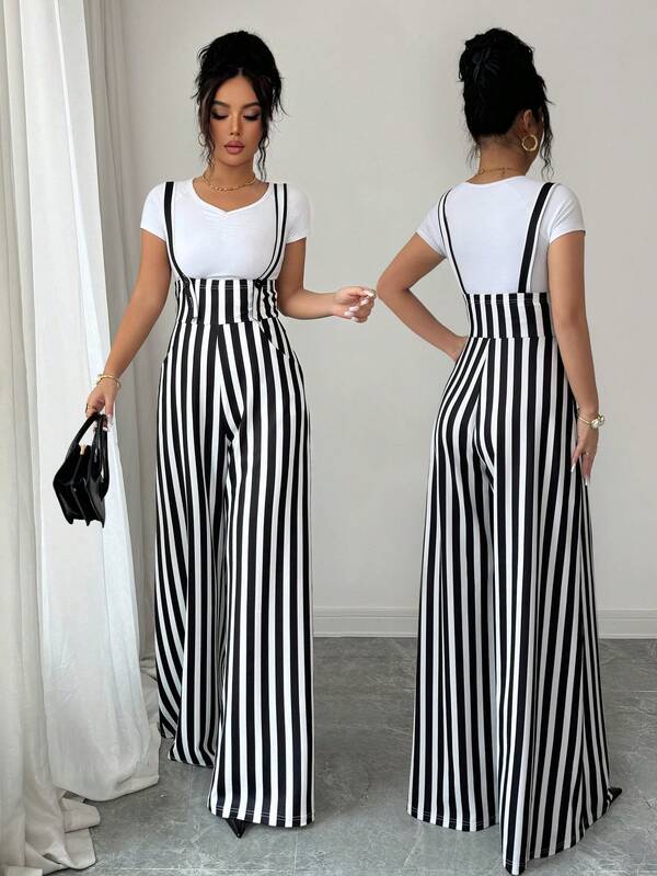 Elenzga Women's Casual Commuter Striped Wide Leg Jumpsuit