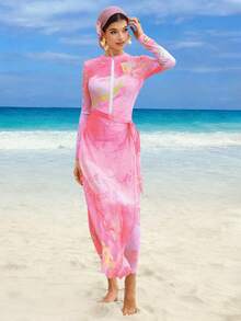 Swim Shayni 三件套：扎染印花高领长袖拉链泳衣、泳裤和网纱长裙，适合春夏、中东、海滩、邮轮、度假等场合。 - 彩色 - 查看 6
