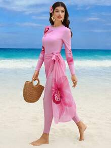 Swim Mulvari Spring/Summer New Women Vacation Beach Floral Print Long Sleeve Top, Pants And Mesh Skirt 3-Piece Set - Pink - View 1