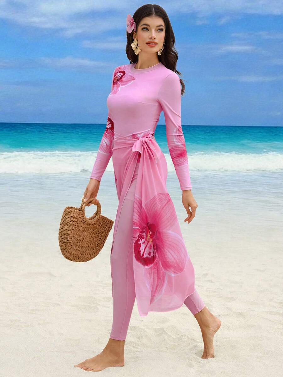 Swim Mulvari Spring/Summer New Women Vacation Beach Floral Print Long Sleeve Top, Pants And Mesh Skirt 3-Piece Set - Pink - View 1