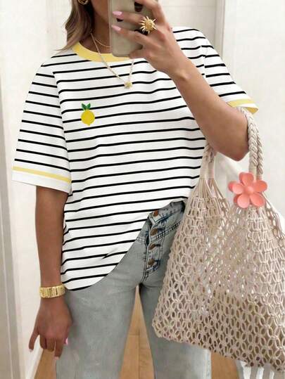 EMERY ROSE Koszulka w paski z okrągłym dekoltem i krótkim rękawem, damska, w dużym rozmiarze, letnia