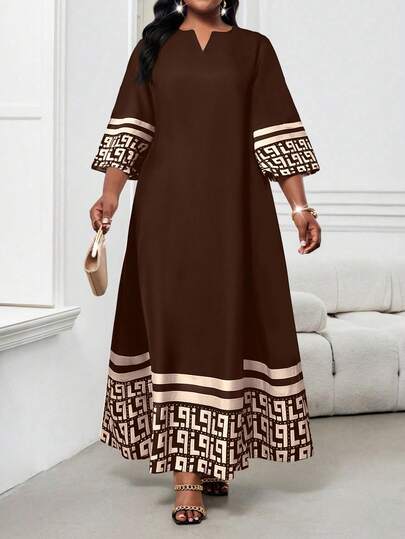 SHEIN Lady CURVE 春夏秋冬大码缺口V领梭织黑色宽袖经典惠子条纹印花大码长袍连衣裙