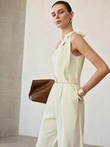 MOTF PREMIUM MONO SIN CINTURÓN ELEGANTE PARA MUJER CON HOMBRO DESCUBIERTO Y LAZO, ALTA CALIDAD, NUEVA LLEGADA PRIMAVERA/VERANO 2026 - Beis - Ver 4