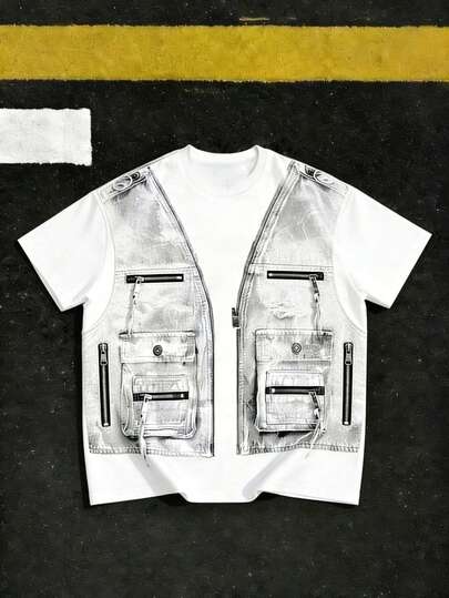 Manfinity EMRG 复古实用风，小众设计，二合一T恤，多口袋装饰印花圆领短袖街头风上衣