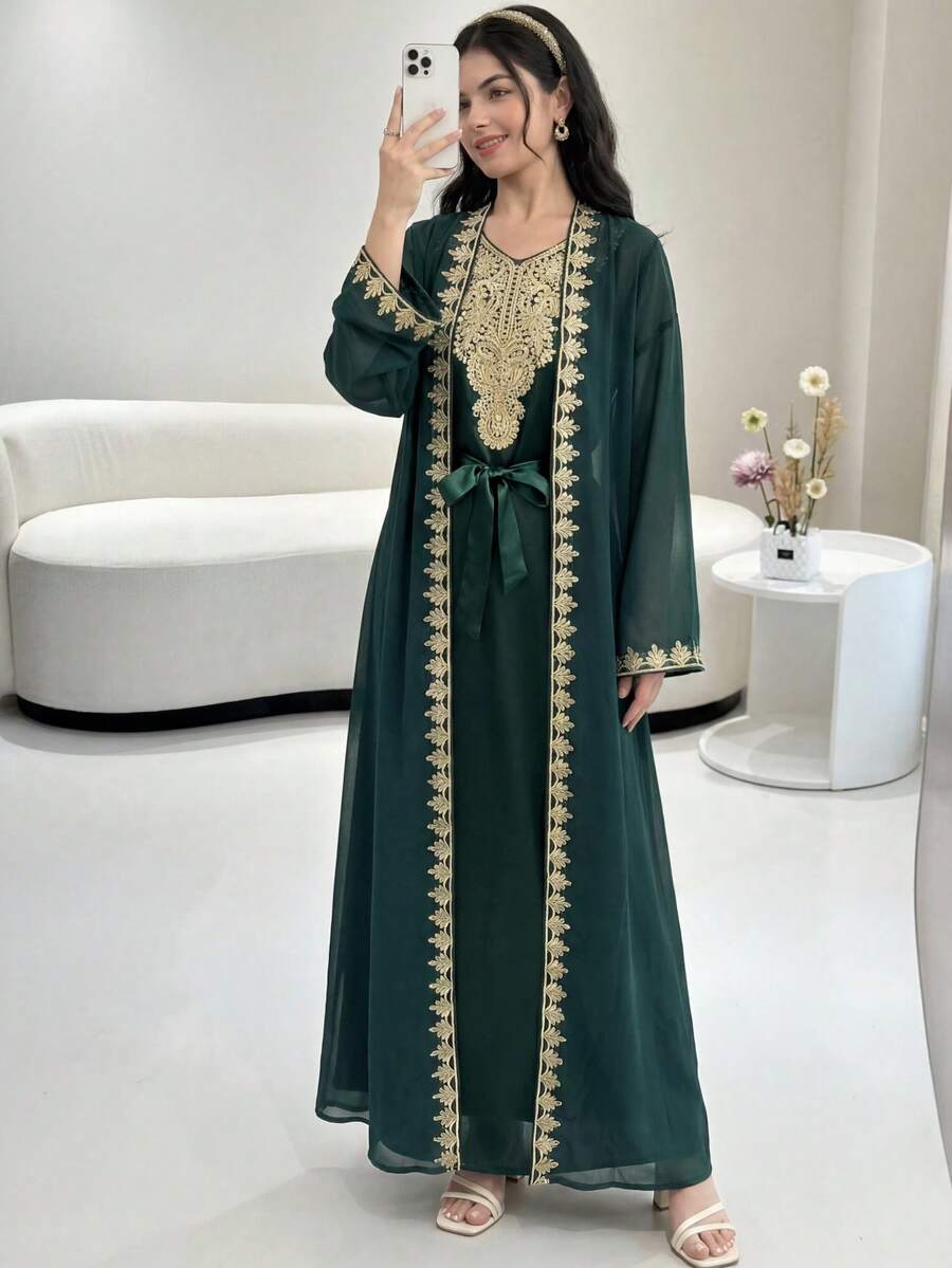 SHEIN Váy Cardigan dài không tay dệt kim chắp vá màu xanh ô liu dành cho thiếu nữ Ramadan, cổ áo bằng ruy băng vàng, bộ 2 món thường ngày - Màu xanh lá cây đậm - Xem 1