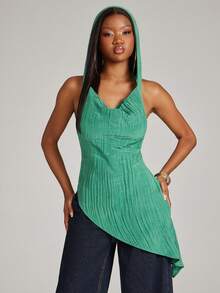 NYA SZN 女士纯色不对称下摆时尚连帽吊带上衣 - 綠色 - 查看 7