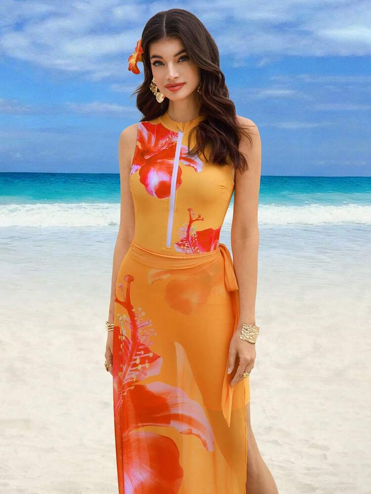 SHEIN Swim Shayni Women's 2-Piece Floral Print Sleeveless Zipper Tankini Top And Shorts Swimwear With Sarong Skirt, Suitable For Spring/Summer Beach, Cruise And Vacation - Orange - View 5