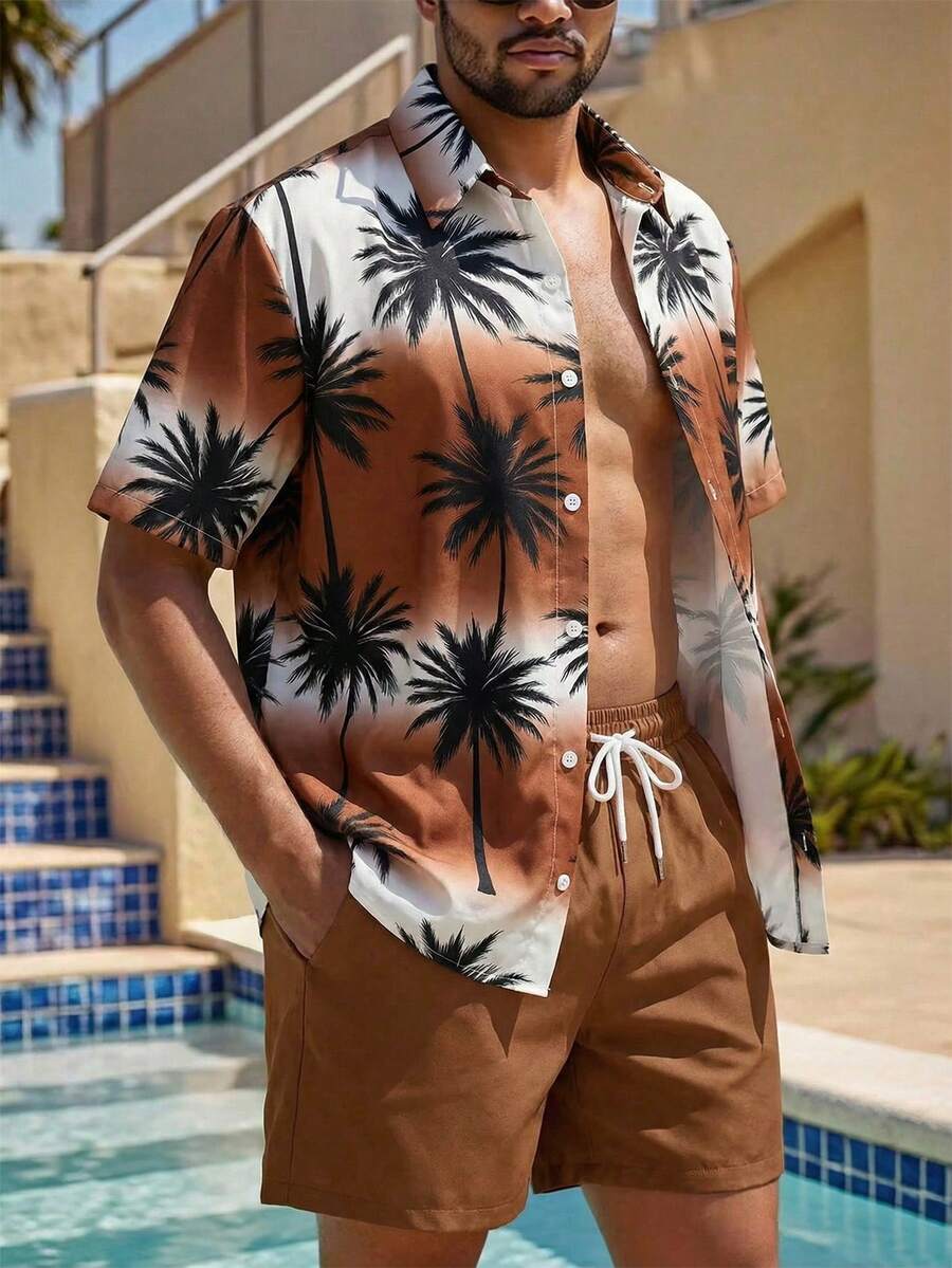 Surfspeed Men's Casual Coconut Tree Print Shirt And Shorts Beach Outfit - Brown - View 1