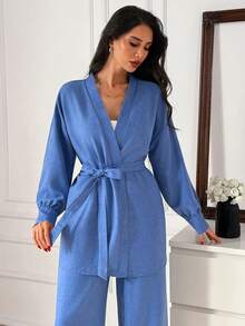 EURMUSE Conjunto de top envolvente con cinturón y pantalones de pierna ancha - Elegante conjunto de dos piezas de manga larga de tela vaquera suelta - Azul - Ver 6