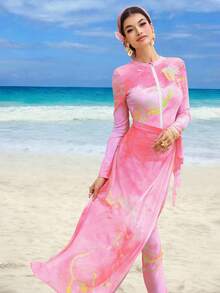 Swim Shayni 三件套：扎染印花高领长袖拉链泳衣、泳裤和网纱长裙，适合春夏、中东、海滩、邮轮、度假等场合。 - 彩色 - 查看 4