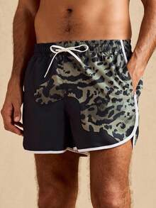 Manfinity Swimmode 男士抽绳腰带休闲百搭沙滩短裤 - 黑色 - 查看 5