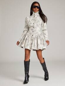 NYA SZN Women's Floral Print Single-Breasted Long Sleeve Ruffle Hem Denim Dress - Multicolor - View 1