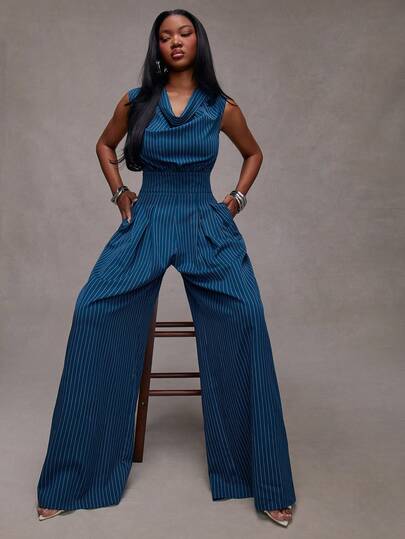 NYA SZN Jumpsuit Cowl Neck Sleeveless Wide Leg Elegant Formal Going Out Everyday Casual Cool Girl Special Event Business Office Siren Luxury Brunch Statment Streetwear Stripe Pattern Outfits For Women