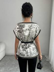 Elenzga 女士优雅水墨图案印花不对称领蝙蝠袖宽松衬衫 - 黑與白 - 查看 2