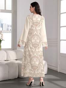 SHEIN Najma Đầm dài tay cổ chữ V in họa tiết hoa hình học, kiểu dáng bohemian Ả Rập thanh lịch, thích hợp cho mùa xuân và mùa thu. - Nhiều màu - Xem 2