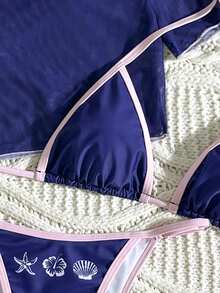 Swim Mod 3pcs Women's Surfing Outfit Set, Cherry Letter Print Spaghetti Strap Bikini, Sheer Mesh Cover Up Round Neck Short Sleeve T-Shirt, Knit Swimsuit - Royal Blue - View 4