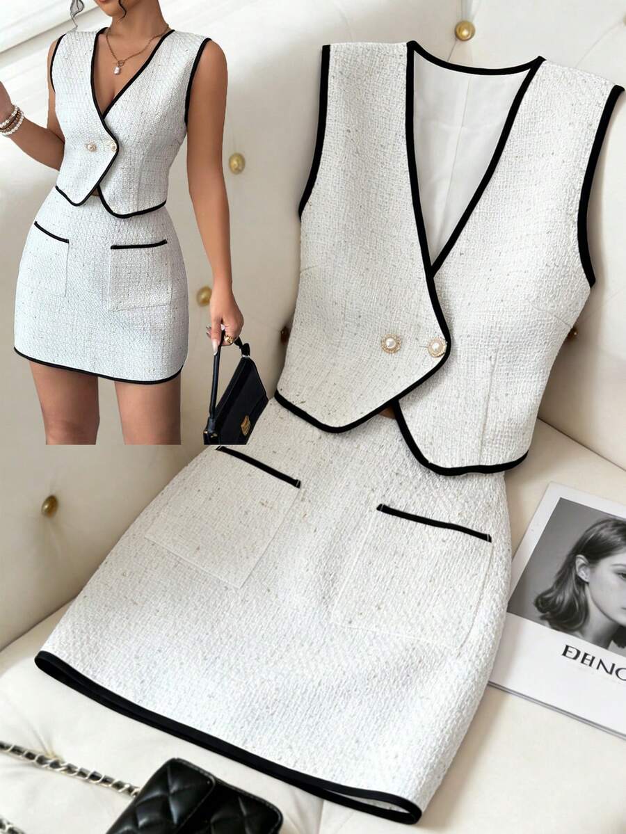 Elenzga 情人节/婚礼优雅通勤风粗花呢撞色滚边无袖上衣+双口袋半裙两件套 - 杏色 - 查看 1