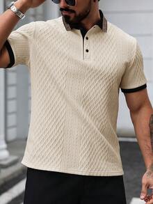 EGENSIO Men's Apricot Knitted Polo Shirt With Rib-Knit Details For Tennis And Golf Style Polo Shirt For Men - Apricot - View 3