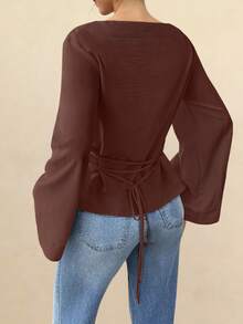 Selianne Women's Fall & Winter Work/Office Women's Work Shirt Cinched Waist Flared Sleeve Shirt - Brown - View 2